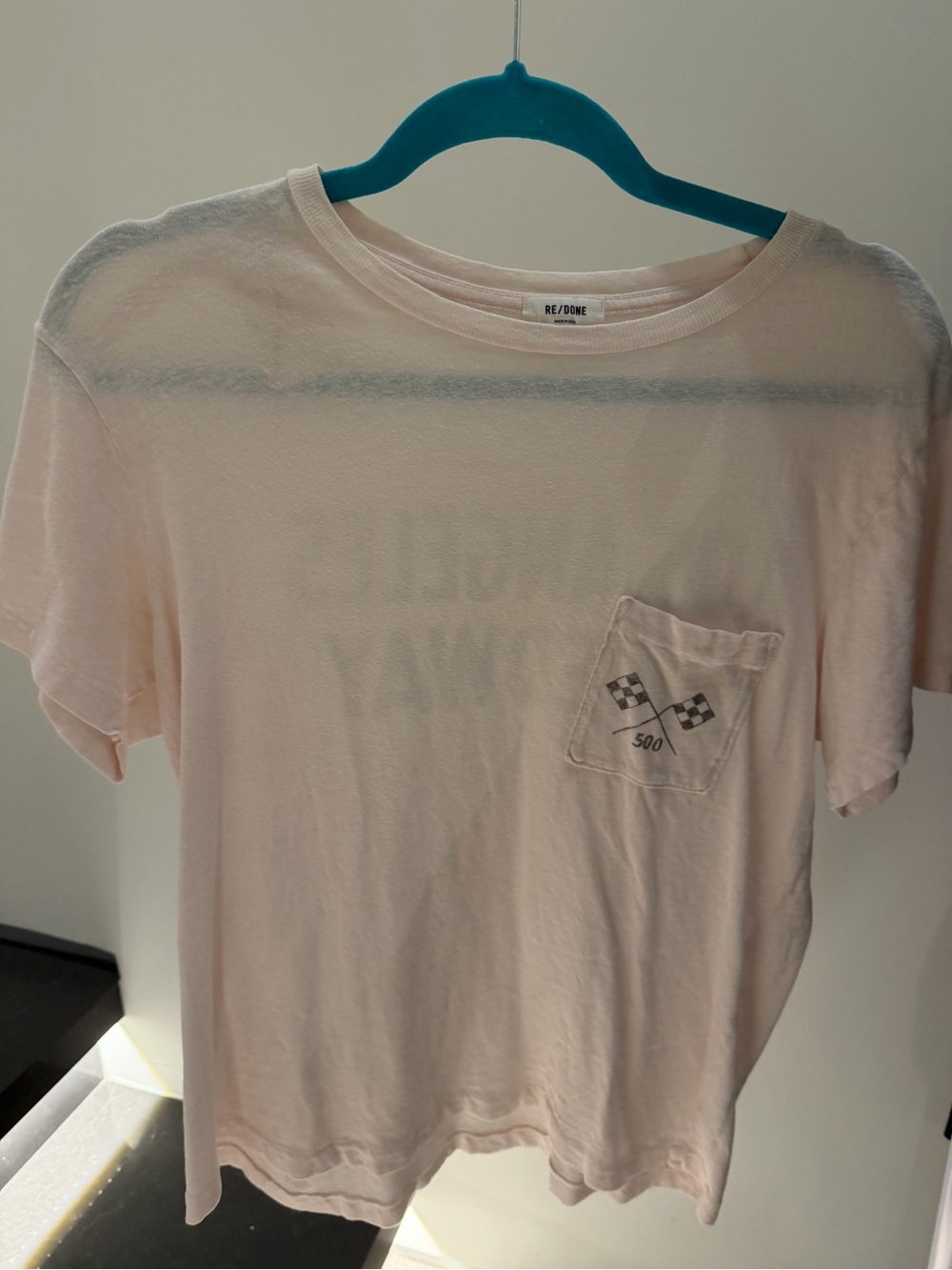 Re/Done Men’s Pale Pink Pocket Tee with Racing Flag Graphic